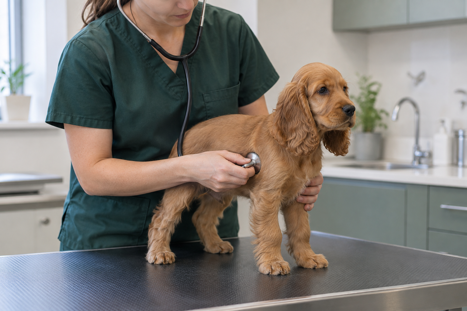 Veterinár vykonáva zdravotnú prehliadku mladého kokeršpaniela pred odberom